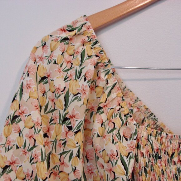 Yellow Floral Midi Dress Prairie Ditsy Babydoll Ruffle Puff Sleeve Size Large - Picture 14 of 16